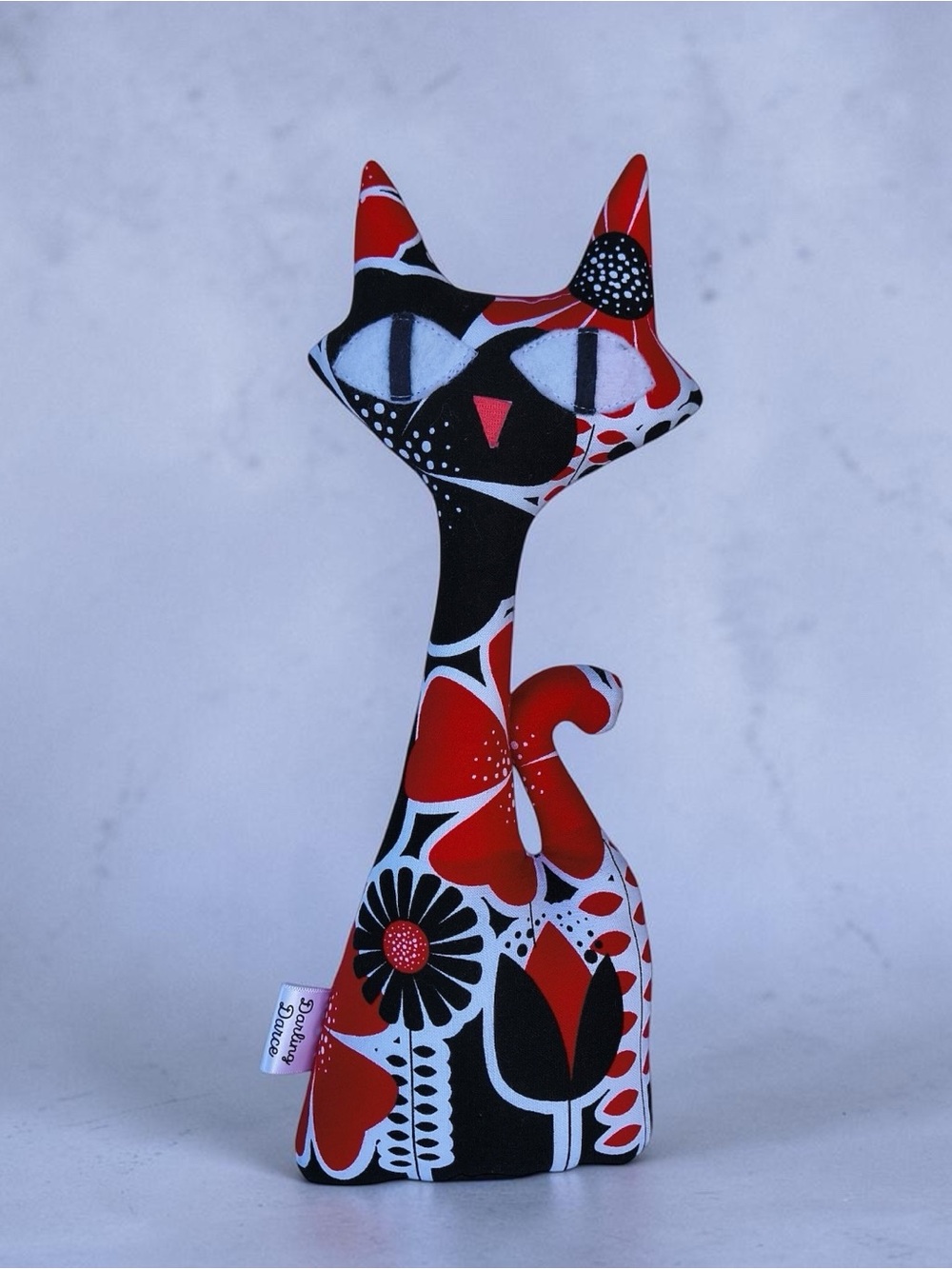 Handmade Red & Black Floral Atomic Cat Decorative Pillow Plush